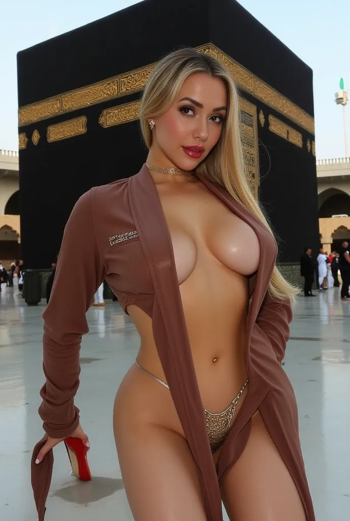  muslim porn star posing with three black porn actors in front of the holy kaaba,(panoramic view), (sluty naked body adorned with arabic calligraphy pattern tatto), muslims, arabic calligraphy, famous islamic writing, popular islamic quotes, clear arabic p...