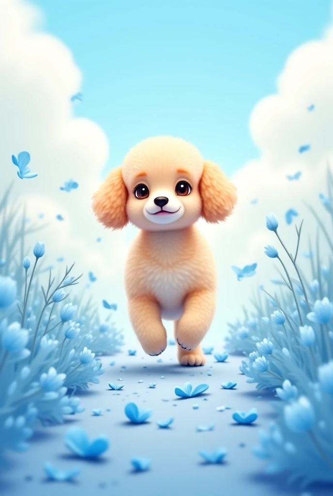 Medium-sized poodle puppy,  brown eyes, cream-colored body and white face, Go up to the sky following a path of blue petals surrounded by clouds