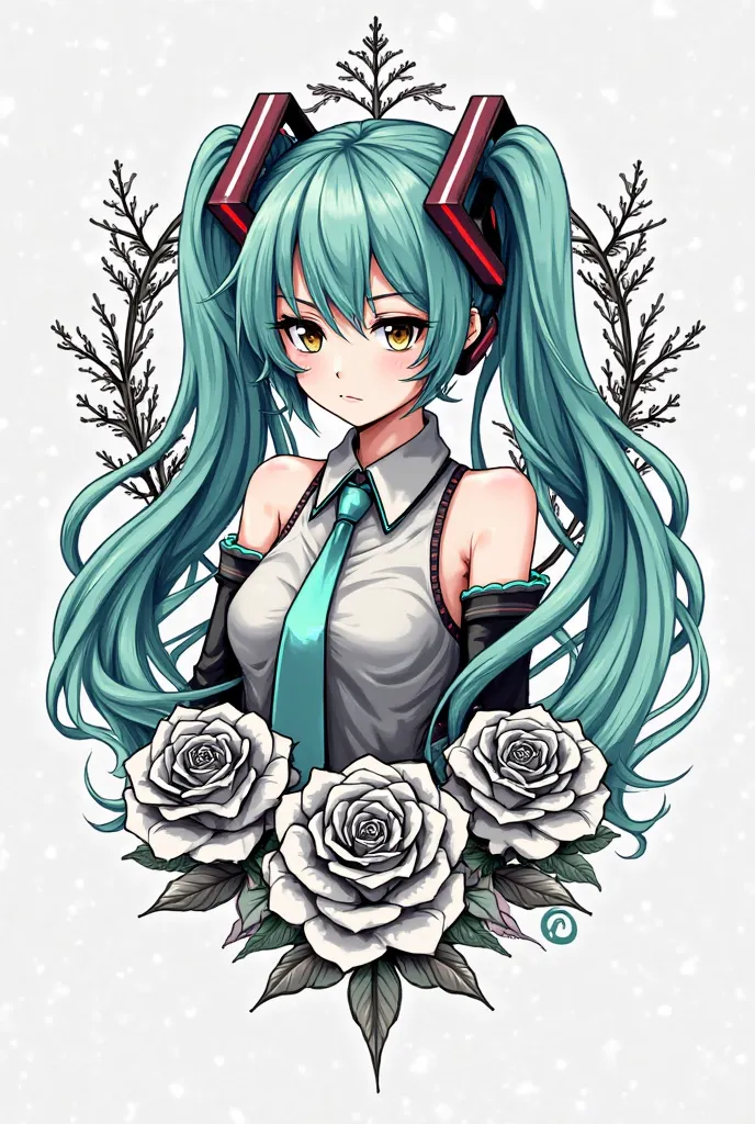 Hatsune miku tattoo sketche with roses and skulls and Make it more like a tattoo with less colors more anime style 