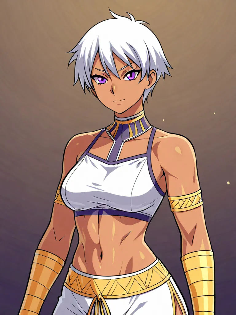 Tall woman with white hair. purple eyes.  pale white skin. Tomboy with sporty attire and fierce look. big breasts.  good ass. Dark and proud look. With animation and anime design