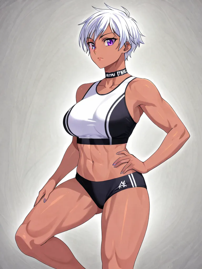 Tall woman with white hair. purple eyes.  pale white skin. Tomboy with sporty attire and fierce look. big breasts.  good ass. Dark and proud look. With animation and anime design