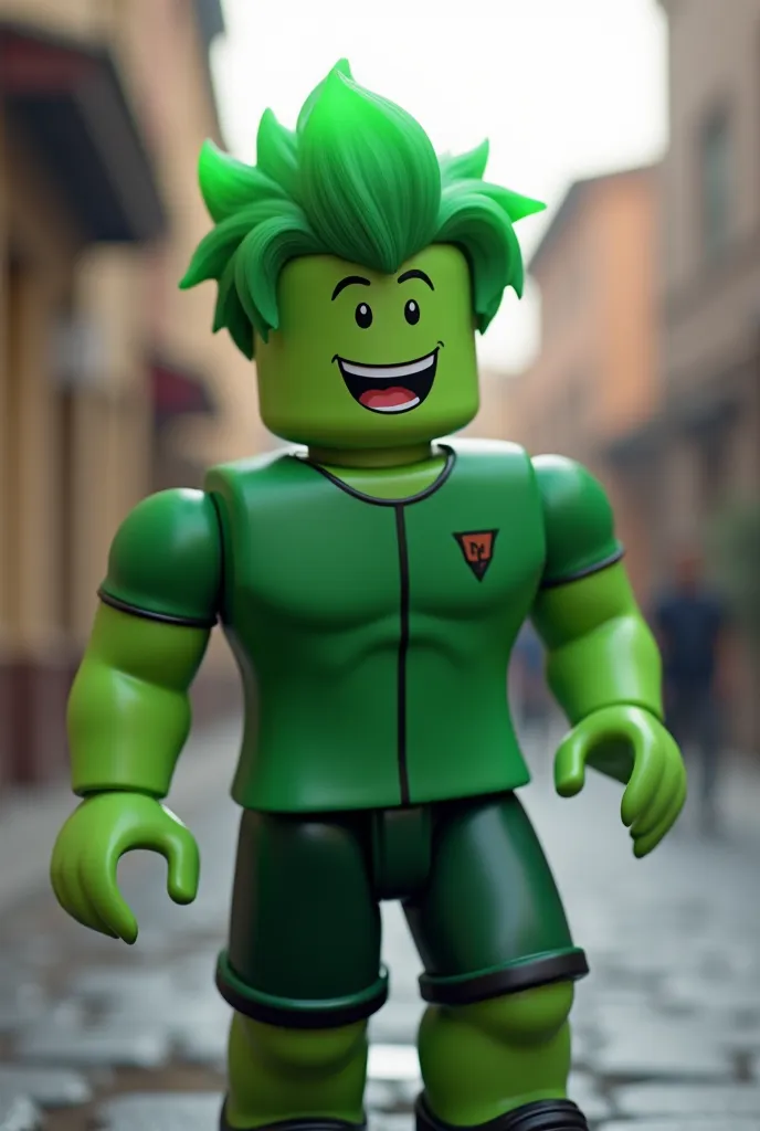 make a character with characteristics from the game Roblox, his visual identity is green, with light green man's hair, mouth with a charismatic smile and light sardines on his face, green shirt and green shorts with black details, he has his arm open, as i...