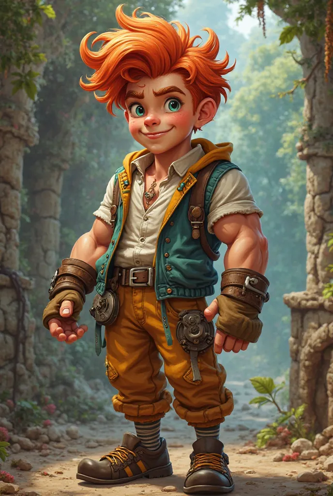 Chester 25 years old human boy version, red hair, Buffoon clothes with black eyes and muscles