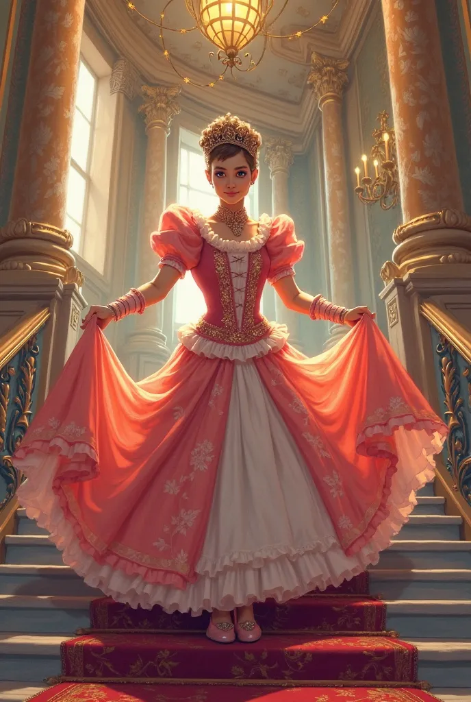 Man dressed as a princess going down the stairs clutching his dress in cartoon