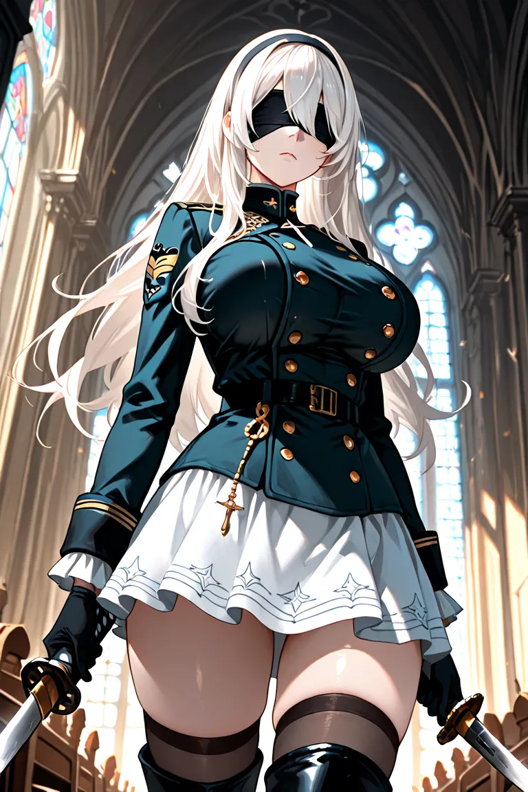 Score_9, score_8_up, masterpiece, beest quality, source_anime, 1girl, church, long hair, white hair, sidelocks, expressionless, black blindfold, fair skin, huge breasts, holding katana, sheltered katana, holding in the shelter, black hairband, military sty...