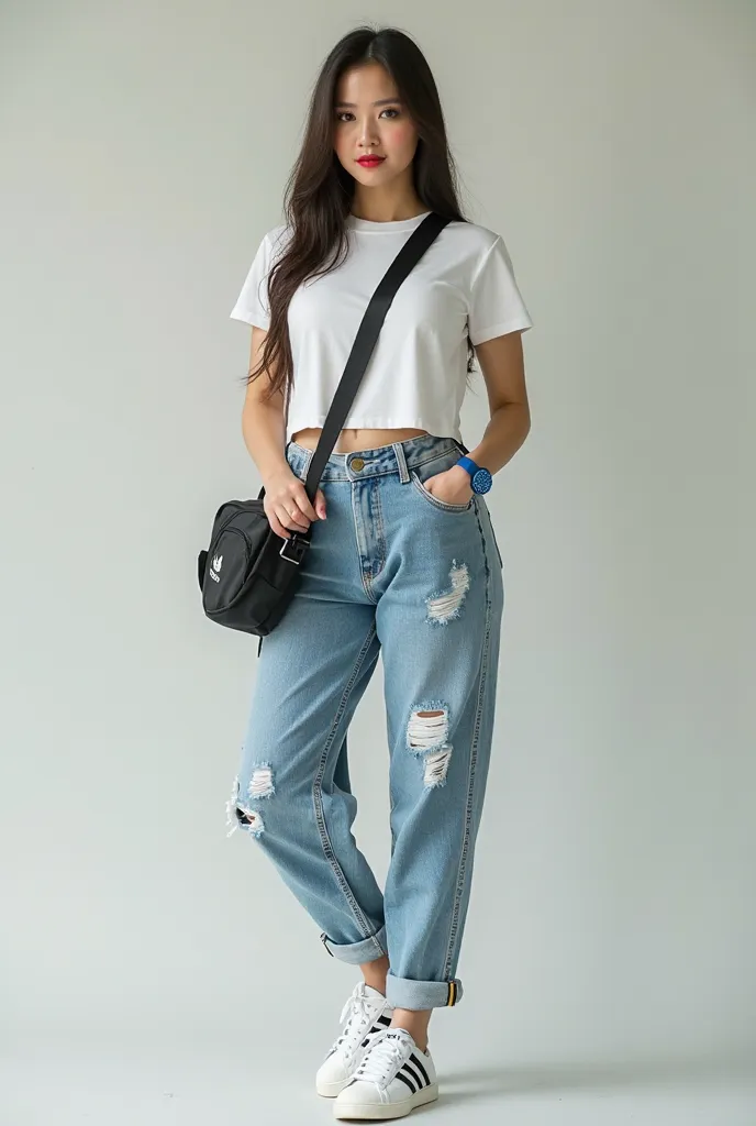 **"A 35-year-old Japanese dancer woman with long, straight hair without bangs, perfect makeup, eyeshadow, eyelice, redlips, big  figure with a large bust. She is wearing very tight t-shirts(white), loose scars jeans trousers that are perfect for casual dai...