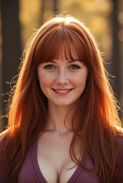 adult Ginny Weasley portrayed by Molly Quinn looking at viewer, smile, blush, Wide Smile, Eyes Detailed & Wide, sexy Pose. Large Youthful Well-Shaped-Breasts, Massive-Round-Bosom, Décolletage. slim waist, fit body, full lipsWarm lights , woman in a dreamy ...