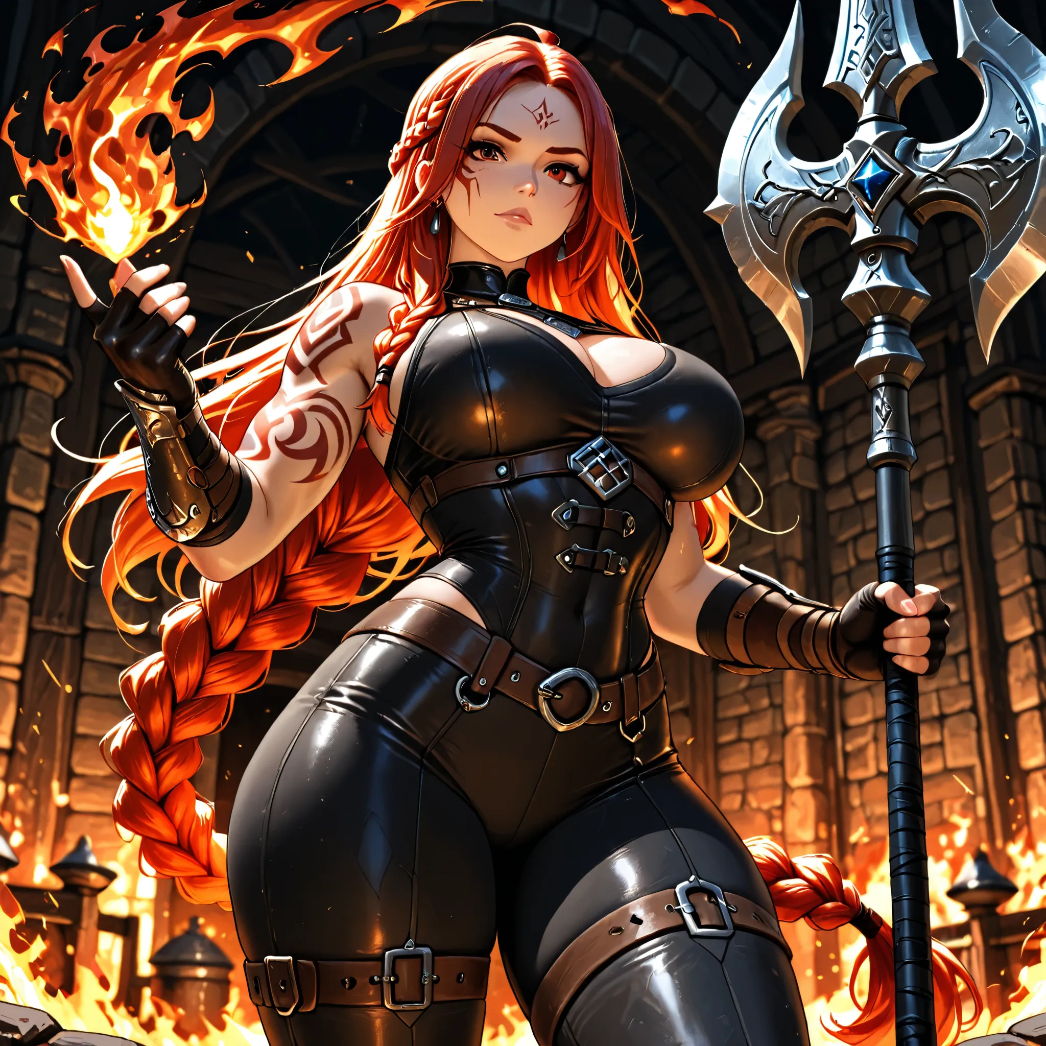 Create a highly detailed illustration of a fierce Viking warrior woman with a thick, fiery red braid and a strong, well-defined physique, emphasizing accurate anatomy. She sports visible runic tattoos on her arms or abdomen and wears thick furs and leather...