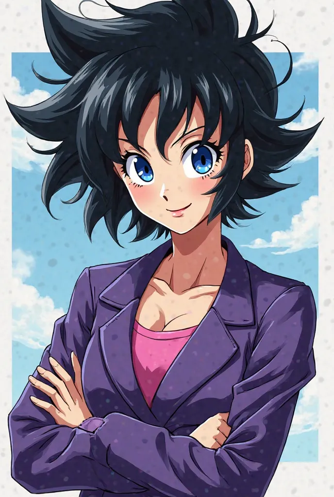 Create an adult girl in the Dragon Ball style super with pointed black hair, blue eyes,  smiling, dressed in purple clothes, white skin,  pink lips, a lado de Bulma de dragón ball  smiling