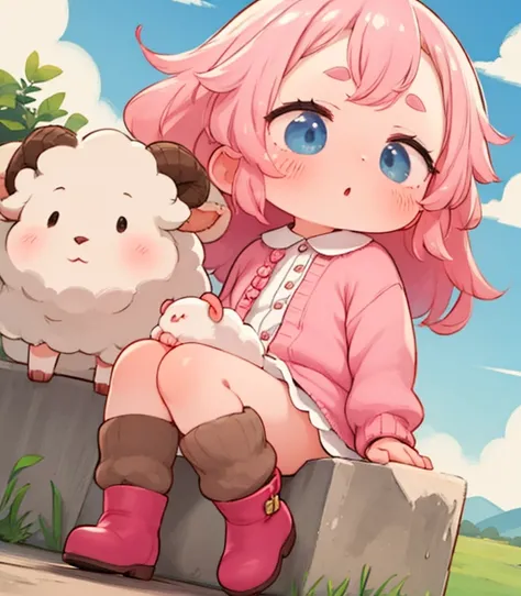 ( Top Quality,    oconnor  ,  very well detailed),    girls on the left，sheep，ピンクの  fluffy hair\(sheep毛\),  pink hair,   fluffy hair,   thick eyebrows,     pink dress   ,    sky blue cardigan  ,  brown boots,