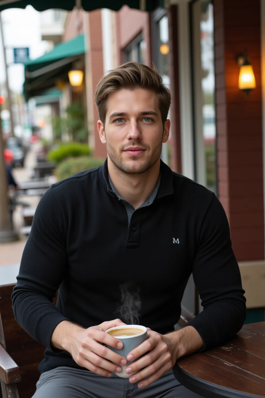 Attractive Tall, Athletic Man、LIGHT BROWN HAIR、Black Polo Sweater、Grey Tight Dress Pants、Blue Eyes。at an outdoor coffee shop in Westfield NJ 