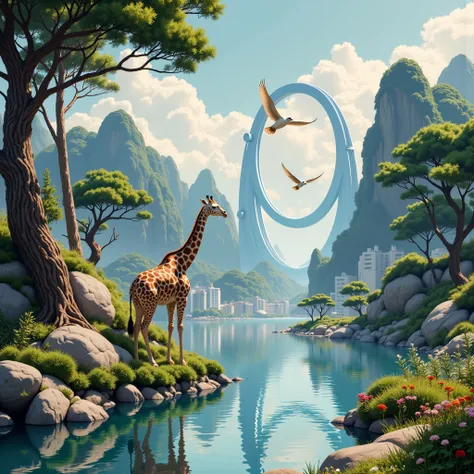 An image of Arafe drawing a picture of a bird flying over a river, Asia, creation cinematic , New Age Album Covers , 800's art, future city star gate , Roger Dean , Official Illustration , inspired Roger Dean , peaceful atmosphere , Digitally Remastered , ...