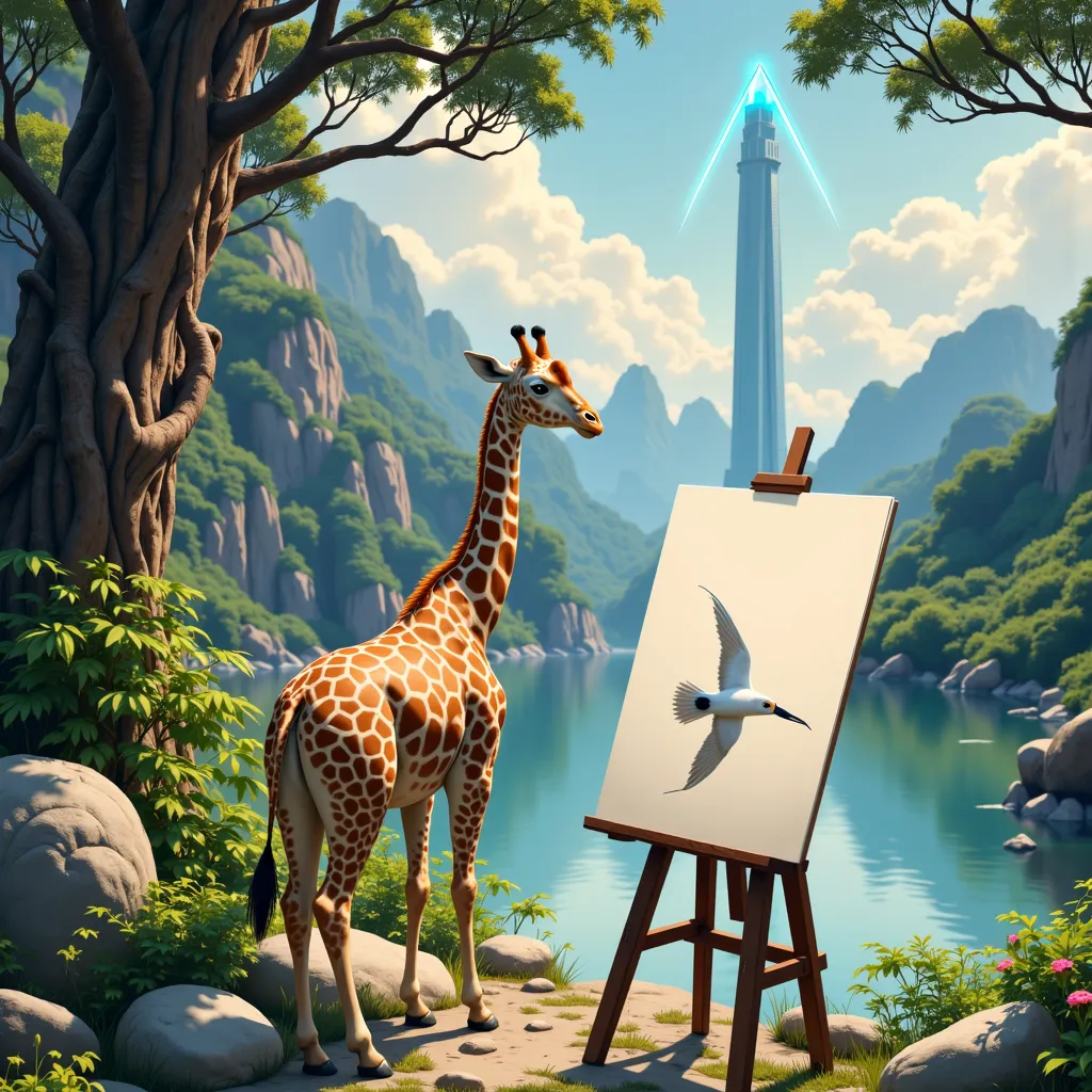 An image of Arafe drawing a picture of a bird flying over a river, Asia, creation cinematic , New Age Album Covers , 800's art, future city star gate , Roger Dean , Official Illustration , inspired Roger Dean , peaceful atmosphere , Digitally Remastered , ...