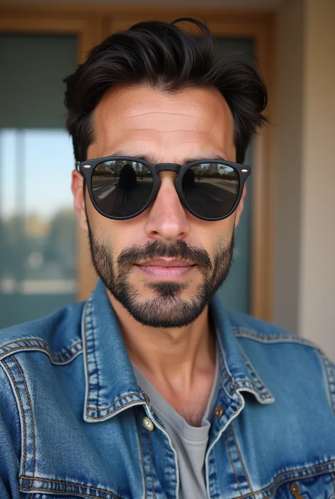 arafed man wearing sunglasses and a denim jacket standing in front of a window, a picture by Ismail Acar, instagram, les nabis, with sunglass, 8k selfie photograph, very very low quality picture, selfie of a man, with sunglasses, selfie!!!!!, selfie!!!!! o...