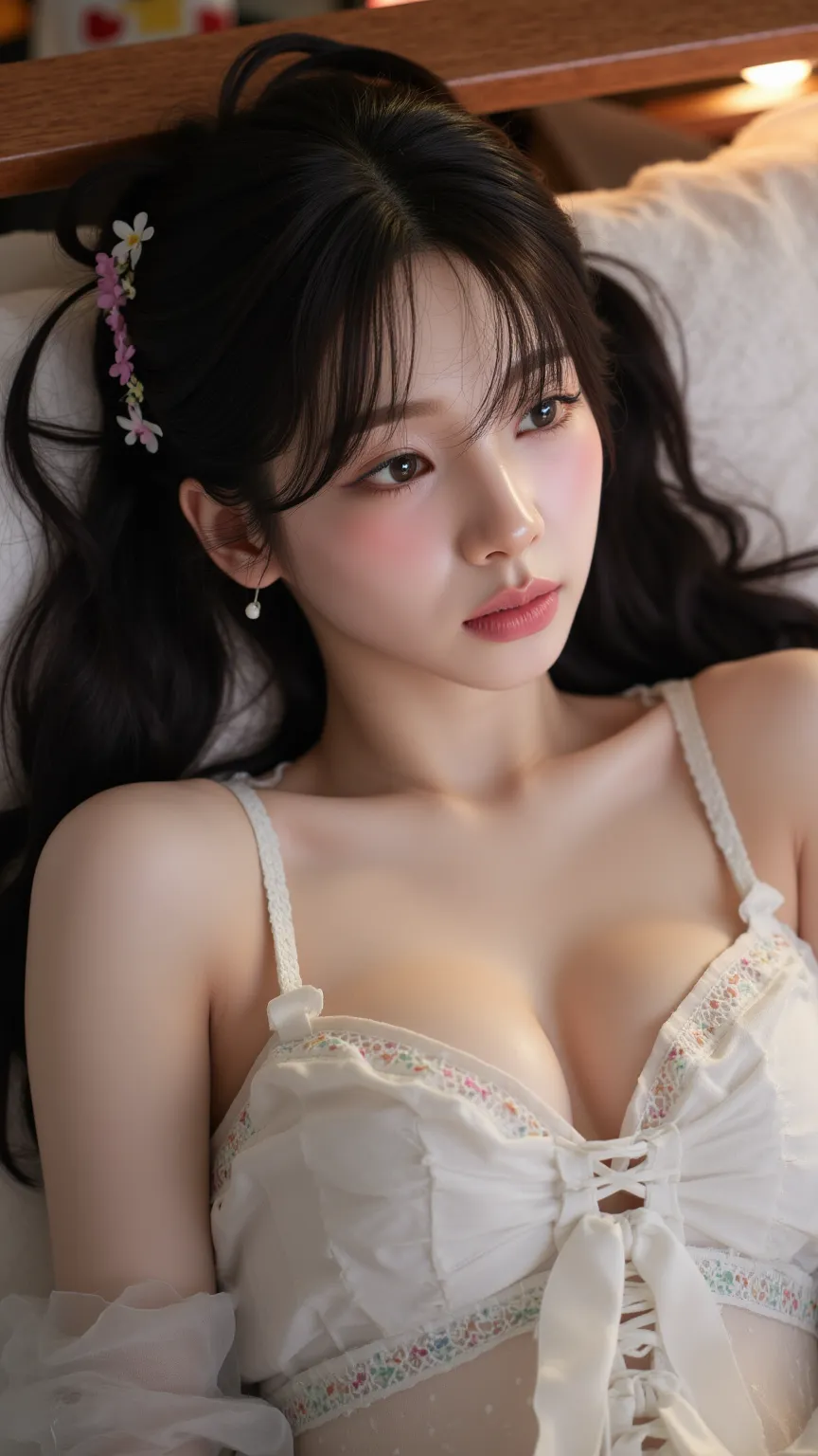  The whole body of a beautiful woman lying on her back 、Actual image、 realistic、adult face、 blush、 climax expression 、 indecent underwear 、 light skin、 transparent yukata 、 A transparent yukata that is in the way 、Sweating like rain、 pure white skin 、Sprea...