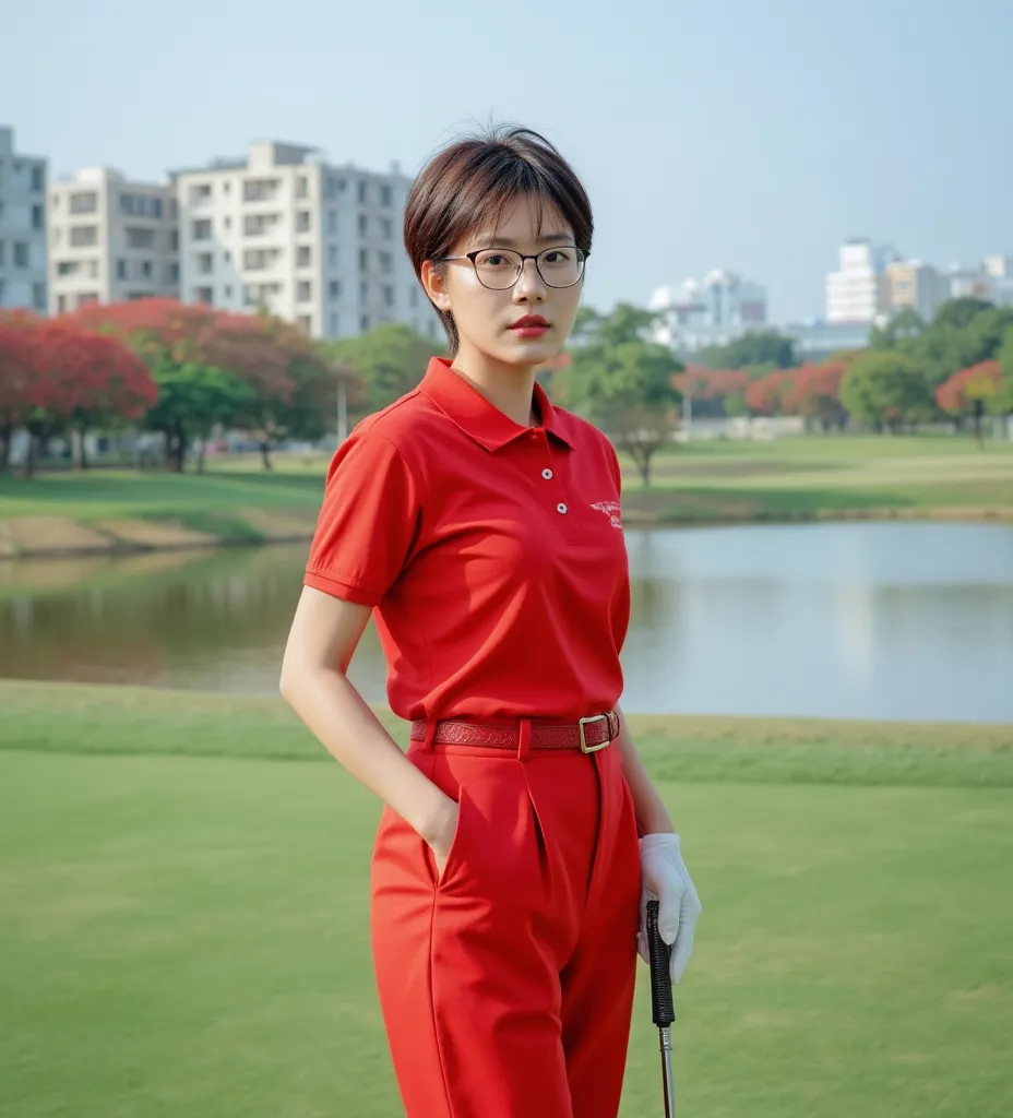 Realistics , Korean, golfer woman, 47 years, short pixie cut dark brown hair wearing eyeglasses, red polo shirt and trousers with belt standing on green , flag pole,  golf course , looking at viewer, eye contact, red cockcomb, Bueng Nong knot lake, Khon Ka...