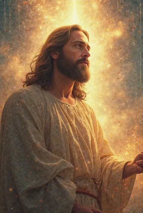 A majestic image of Jesus The sky has golden and bluish hues,  Rays of light descend from the sky , highlighting your divine presence.  Your gaze transmits peace and authority .

