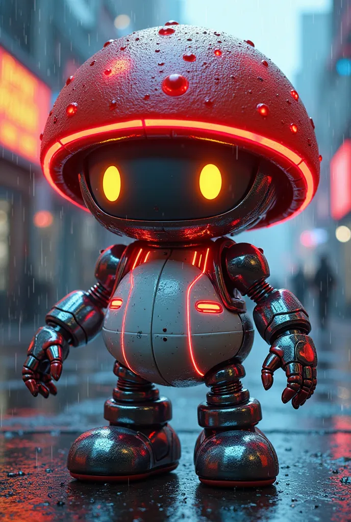 Create a hyper-realistic, cyberpunk-inspired, full-sized, cyberpunk-inspired character inspired by Goomba from Super Mario. The body is covered in a texture reminiscent of a mushroom cap, but with metallic inserts and neon lines glowing bright red and elec...