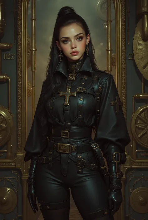 best quality, highres, 4k, 8k, amazing quality, Photo full portrait of photo real. black leather jumpsuit steampunk woman. steampunk background. “full body portrait”