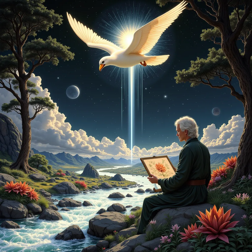 An image of Arafe drawing a picture of a bird flying over a river, Asia, creation cinematic , New Age Album Covers , 800's art, future city star gate , Roger Dean , Official Illustration , inspired Roger Dean , peaceful atmosphere , Digitally Remastered , ...