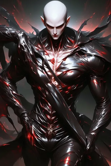 This image depicts the ultra detailed body of a large bald cultivator with blood colored armor and a blood colored spear on his back. He has a third vertical eye with lightning runes in it, as well as two other heads on his shoulders. the background which ...