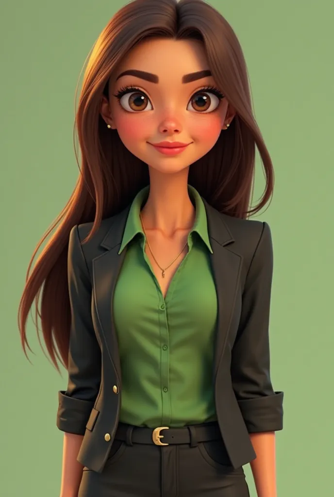 contemporary Latin woman with straight long brown hair, Test Trigueño Claro, beautiful, Kawai Pixar almond-shaped and slanted eyes, Semi thick lips small but puckered nose, very defined expressive eyebrows with apple green blouse and pants and black jacket...