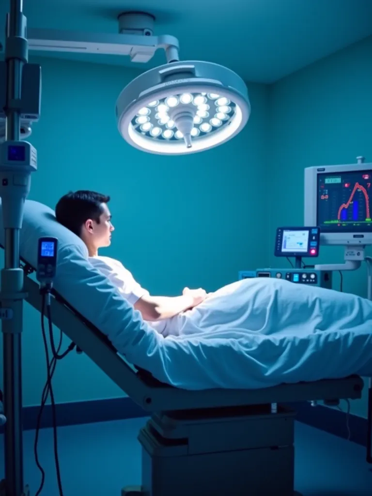 CCTV image, patient lying in bed, ICU Operating Room, Bright light, Medical Instrument Body, oxygen pump tube, Life Tracker, Respirator, 8k, images, studio photography, cold lighting system, blue-white tone