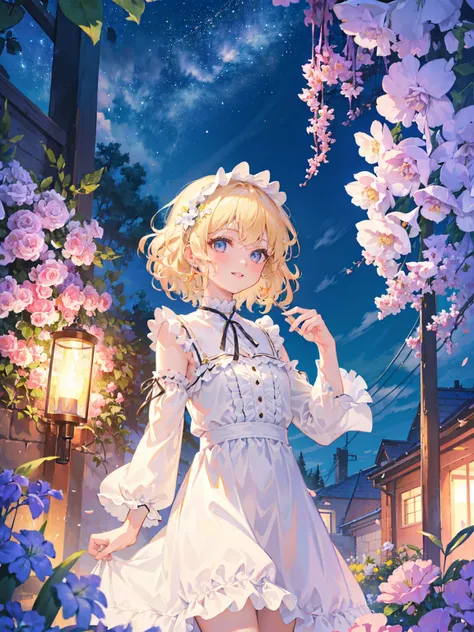 Blonde, short hair, curly hair, girl, cute full body, dress with lots of frills, white dress, night sky, lots of stars, light reflection, pastel colors