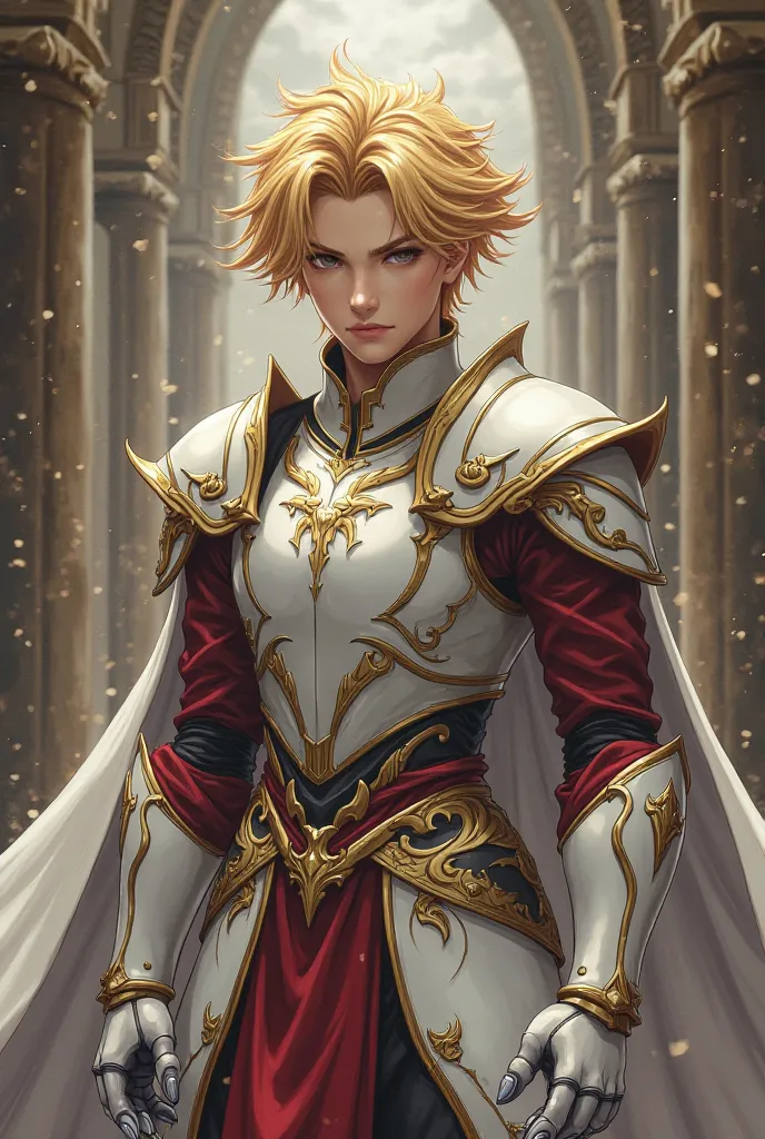 Create Yu-Gi-Oh  & Castlevania a handsome young man with short golden hair with red details with shapely legs wearing white armor with gold details wearing white gauntlets with well-sharpened silver claws at a divine sanctuary 