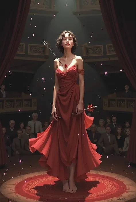 a dancer with an arrow in her chest, smiling at the audience in the theater, being the wound of a broken love