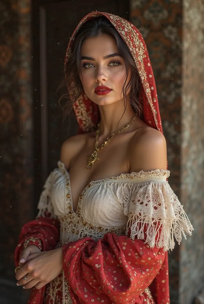 1 Beautiful young Turkish woman with headscarf. Make-up bright red lips. a partially woven blouse and short sanrong down to the knees with lots of skin. full body shot.