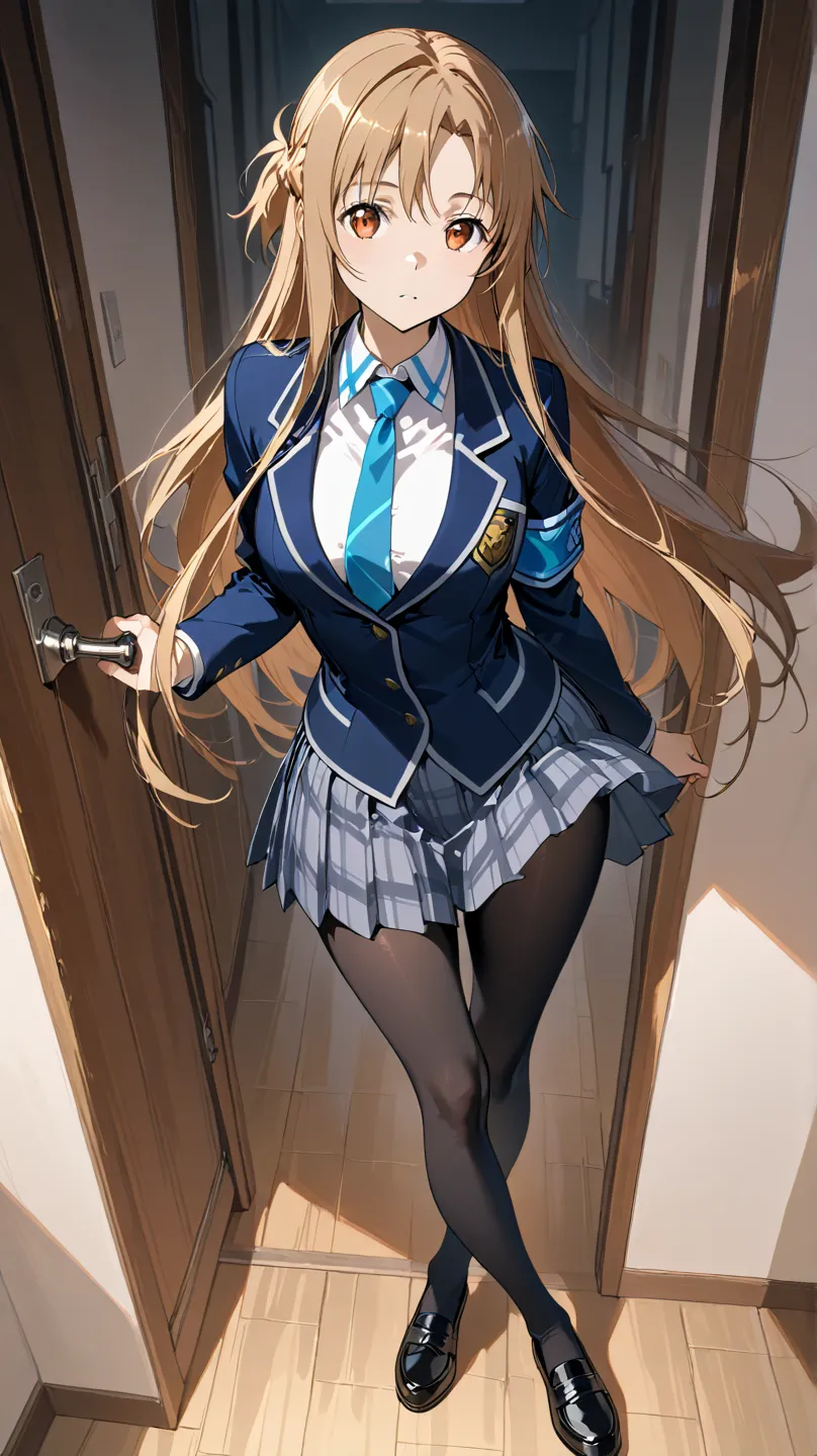   One high school student  、 Top Quality 、 very detailed、    high-resolution illustration showing the inside of the vagina  、 Ultra-high-definition CG 、８k size wallpaper、   Yuki Asuna、 brown hair 、 long hair、 Hazel eyes 、 braids、 、  indigo blue blazer with...