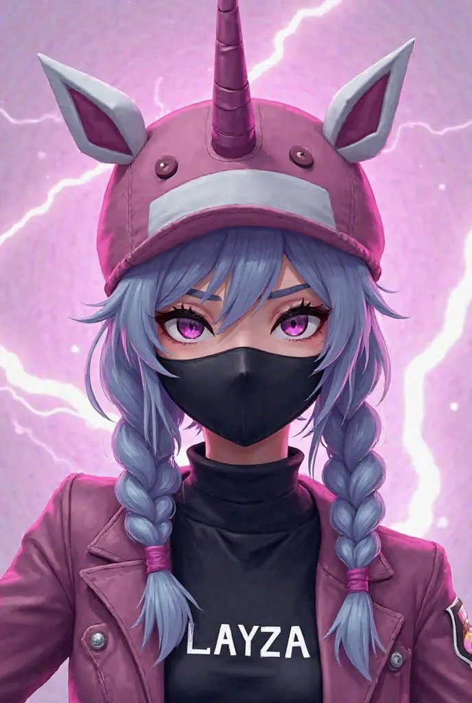  Female character style game Free Fire, with pink unicorn cap , lilac and white,  with lilac hair with two braids ,  with a black mask ,  and a black turtleneck blouse written "LAYZA",  with a lilac background with lightning .
