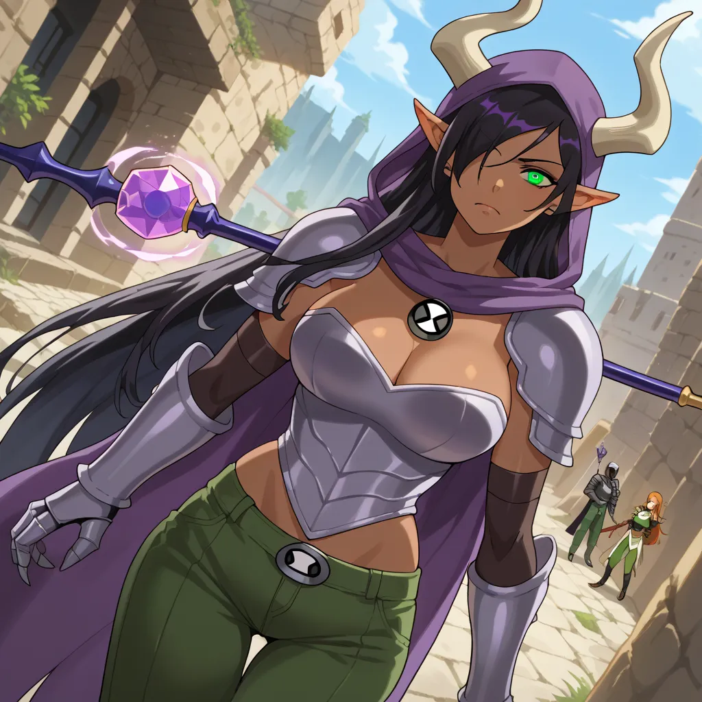 score_9, score_8_above, score_7_above, source _animated, Olgadiscordia , Olga Discord, long hair, black hair, green eyes, very long hair, pointy ears , dark skin , hair over an eye , hembra de dark skin , elf, dark elf, outdoor, urban landscape, looking at...