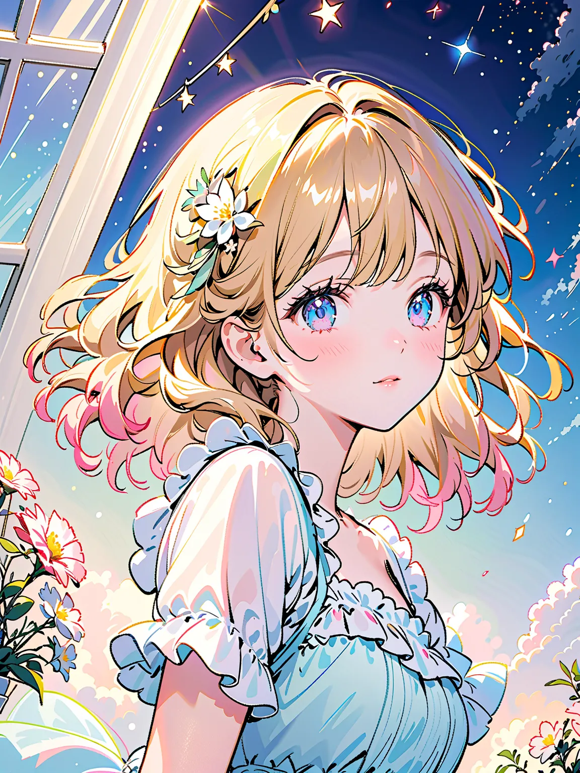 Blonde, short hair, curly hair, girl, cute full body, dress with lots of frills, white dress, night sky, lots of stars, light reflection, pastel colors