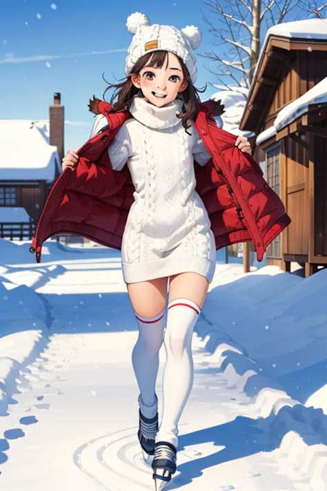 (   super flat   ,  flat shading ,   flat color),  1 young   girls on the left， short，   Toddler Picture Temptation    ，, change,  S,   curvy,    down jacket , (   White Knit Dress  ，below-knee socks  ),     without skirt , Glass, winter hat,   Ice Skating...