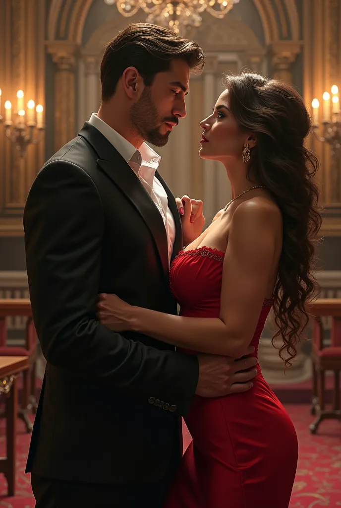 A large and elegant man like the model Tobias Reuter staring intently at an elegant red-haired woman in long red dresses she is a curvy plus-size woman . 