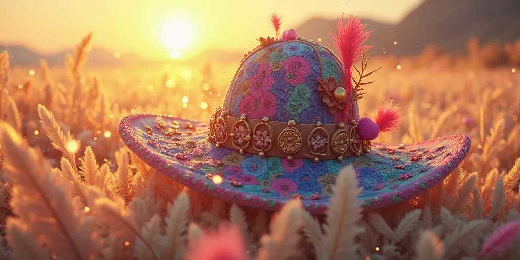 Colorful Hat At Sunset With Bokeh Lights And A Feather Background