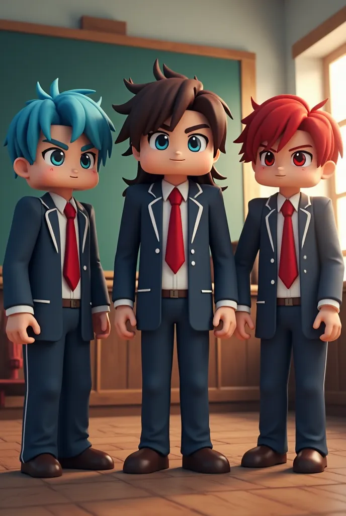 three male Minecraft skins 
one with short, disheveled blue hair with light blue eyes student dresses with red tie, one with very long, straight brown hair and gray eyes dressed like a teacher, style one with short, disheveled red hair and red eyes dressed...