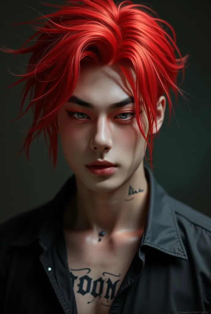 His red hair came off his shirt and put on a medium tattoo that says “Gabriel”, sadic eyes and piercing 