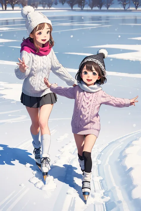 (   super flat   ,  flat shading ,   flat color),  1 young   girls on the left， short，   Toddler Picture Temptation    ，, change,  S,   curvy,    down jacket , (   White Knit Dress  ，below-knee socks  ),     without skirt , Glass, winter hat,   Ice Skating...