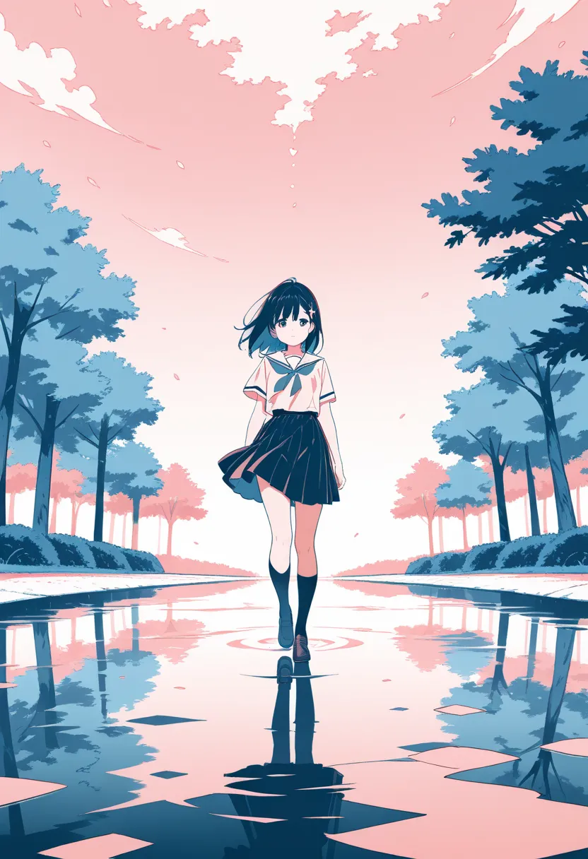 (masterpiece, best quality:1.1),general,limited palette,subtle color,In a dream, a school girl skips as if walking on air. Flowers are blooming where she walked. Wearing female school uniform.(Illustration by Sushio),