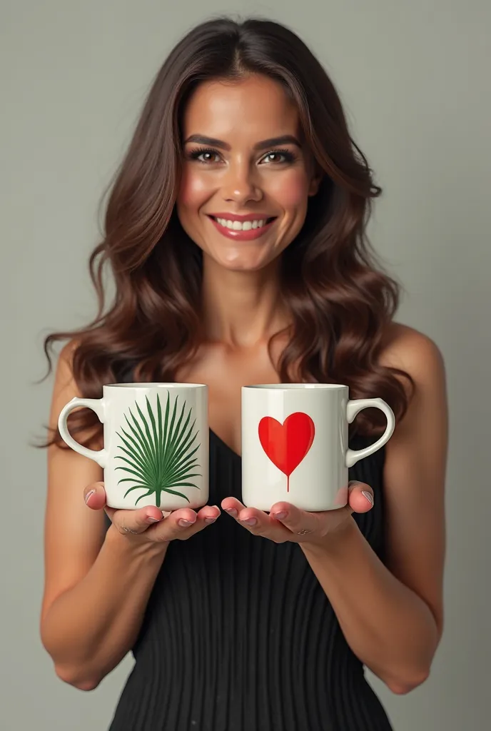 Create an image of Débora Seco from Globo radio holding two mugs, the mug on the left with a drawing of a 's palm and the mug on the right a red heart in a drawing