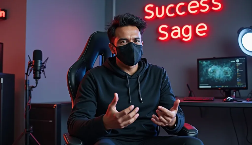 A indian man sitting confidently on a modern gaming chair in his youtube studio. Wearing modern black outfit. His face is clearly visible and expressive despite wearing a sleek black Covid-19 Mask. The man is gesturing with his hands , as if explaining som...