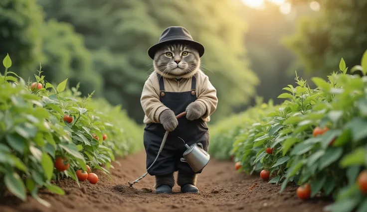 A grey tabby cat, wearing a black hat and farmer attire—khaki shirt, black pants, and black shoes—is watering a garden full of crops: tomatoes.

