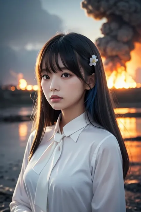 Masterpiece,  exquisite,  illustration, { Beautiful and Careful Girls }, beautiful detailed afterlight , (Fires of War: 1.2), (Nuclear explosion behind: 1.3), rain,  detailed lighting , Detailed water, (  Misiku Details: 1.1),  expressionless, palace,  Sky...