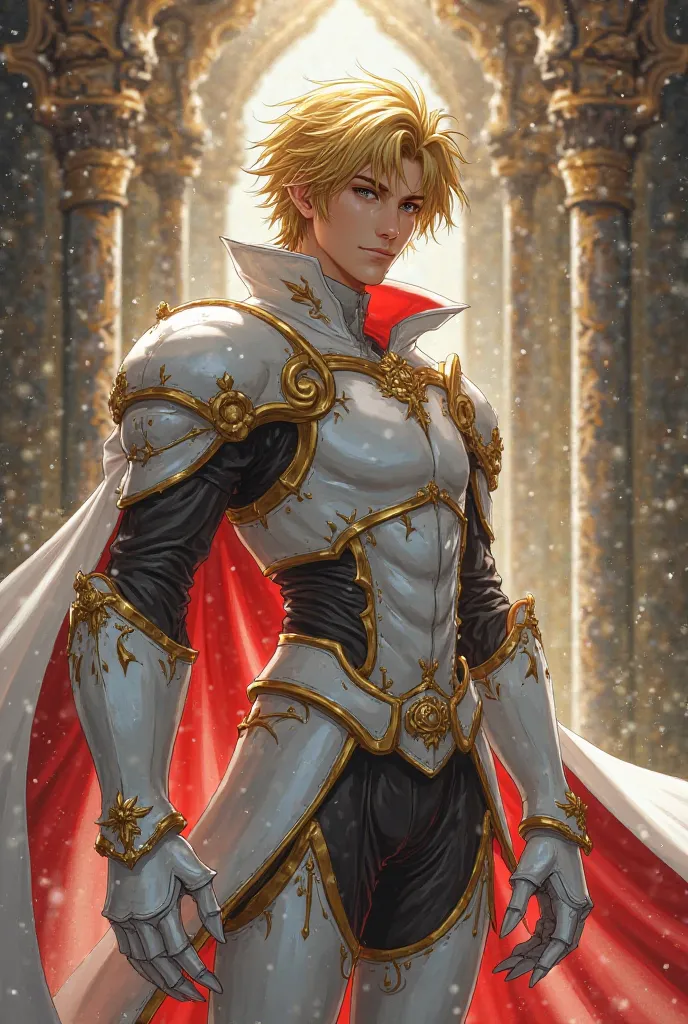 Create Yu-Gi-Oh  & Castlevania a handsome young man with short golden hair with red details with shapely legs wearing white armor with gold details wearing white gauntlets with well-sharpened silver claws at a divine sanctuary 