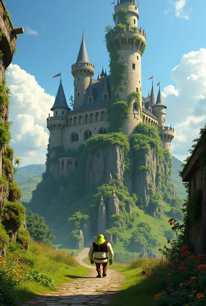 You can generate an image from the Shrek movie where Fiona is in the castle that the castle is green full of plants and Shrek arrives to rescue the princess that Fiona is buried in the castle please 