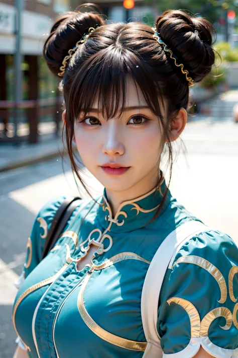 Chun-Li from Street Fight II,perfect chun li costume,blue cheongsam with gold lines,Bun head,Good cover,fighting pose,masterpiece、1 beautiful girl、fine eyes、puffy eyes、highest quality, 超High resolution, (reality: 1.4), movie lighting、Japanese、asian beauty、...