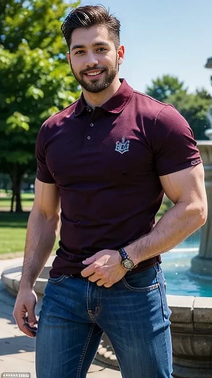 Handsome muscular man with a beard , Strong and muscular legs, large lump, artwork,  smiling,  Super sexy in burgundy jeans and polo shirt with black stripes Ultra realistic masterpiece of 8k Great detail next to a fountain Super muscular , sexy ,  in the ...